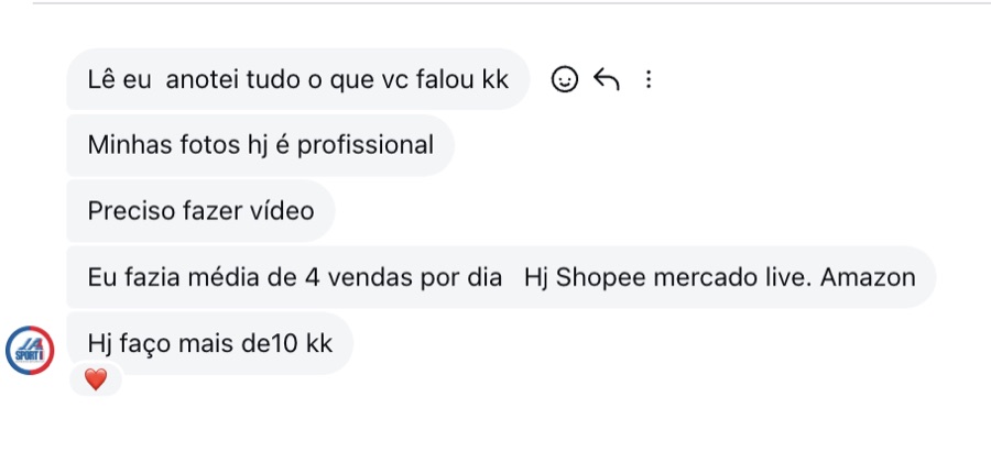 Depoimento de aluno dizendo que saiu de uma média de 4 vendas por dia para mais de 10